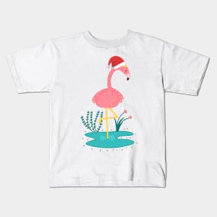 Cute Pink Flamingo Wear Santa Hat Kids T-Shirt